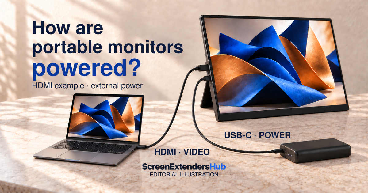 Editorial illustration showing HDMI carrying video from a laptop to a portable monitor, while a separate power bank supplies power through USB-C.
