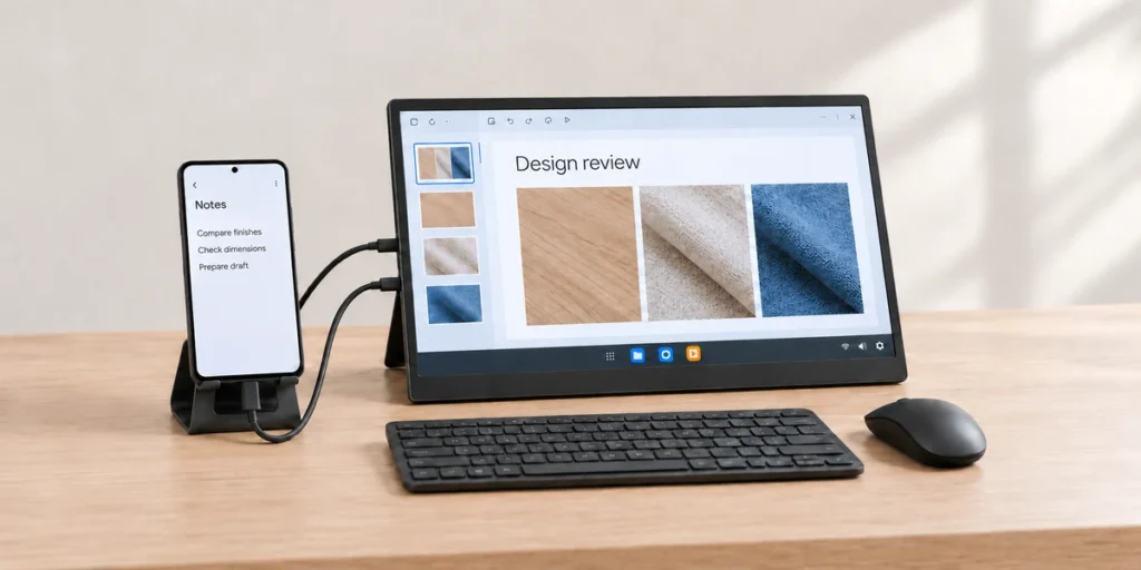 Android phone connected by USB-C to a portable monitor, with notes on the phone and a presentation on the larger screen