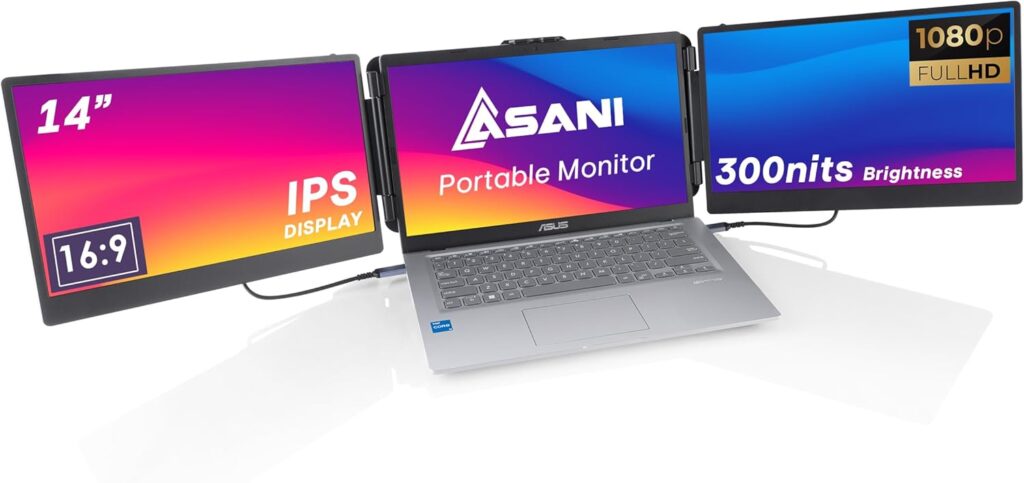 Asani 14" Portable Monitor - Full HD Tri-Screen Extender for Laptops