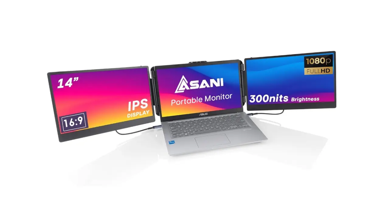 Asani 14" Portable Monitor - Full HD Tri-Screen Extender for Laptops