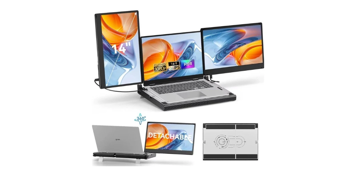 14" Laptop Screen Extender Smart Base - Upgraded Triple Portable Monitor FHD 1080P