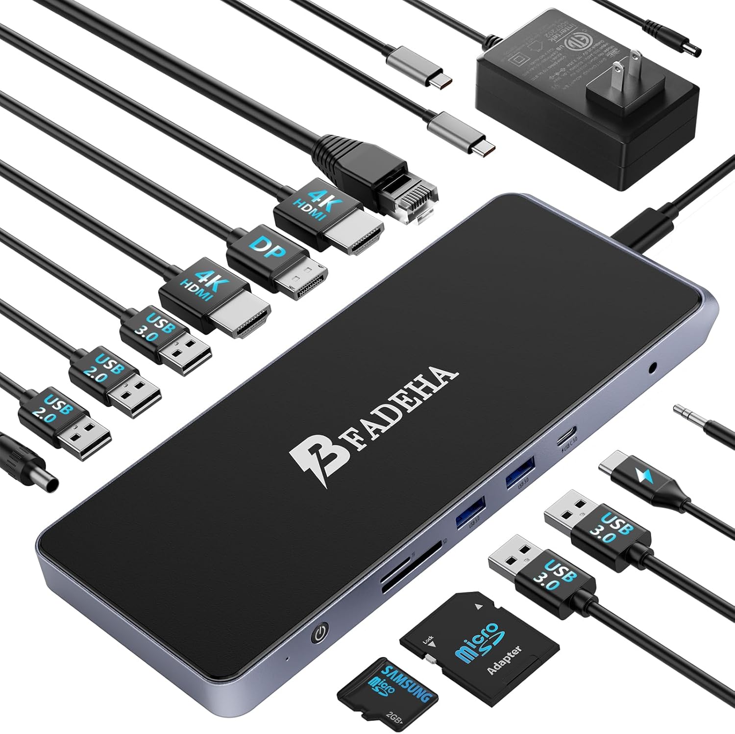 USB C Universal Docking Station for 3 Monitors, Power Adapter Attached - 14 in 1 Hub with HDMI*2, DisplayPort 4K60Hz, 10Gbps USB C/A, 1Gbps Ethernet, SD/TF, AudioMic, for MacBook/Dell/HP.etc