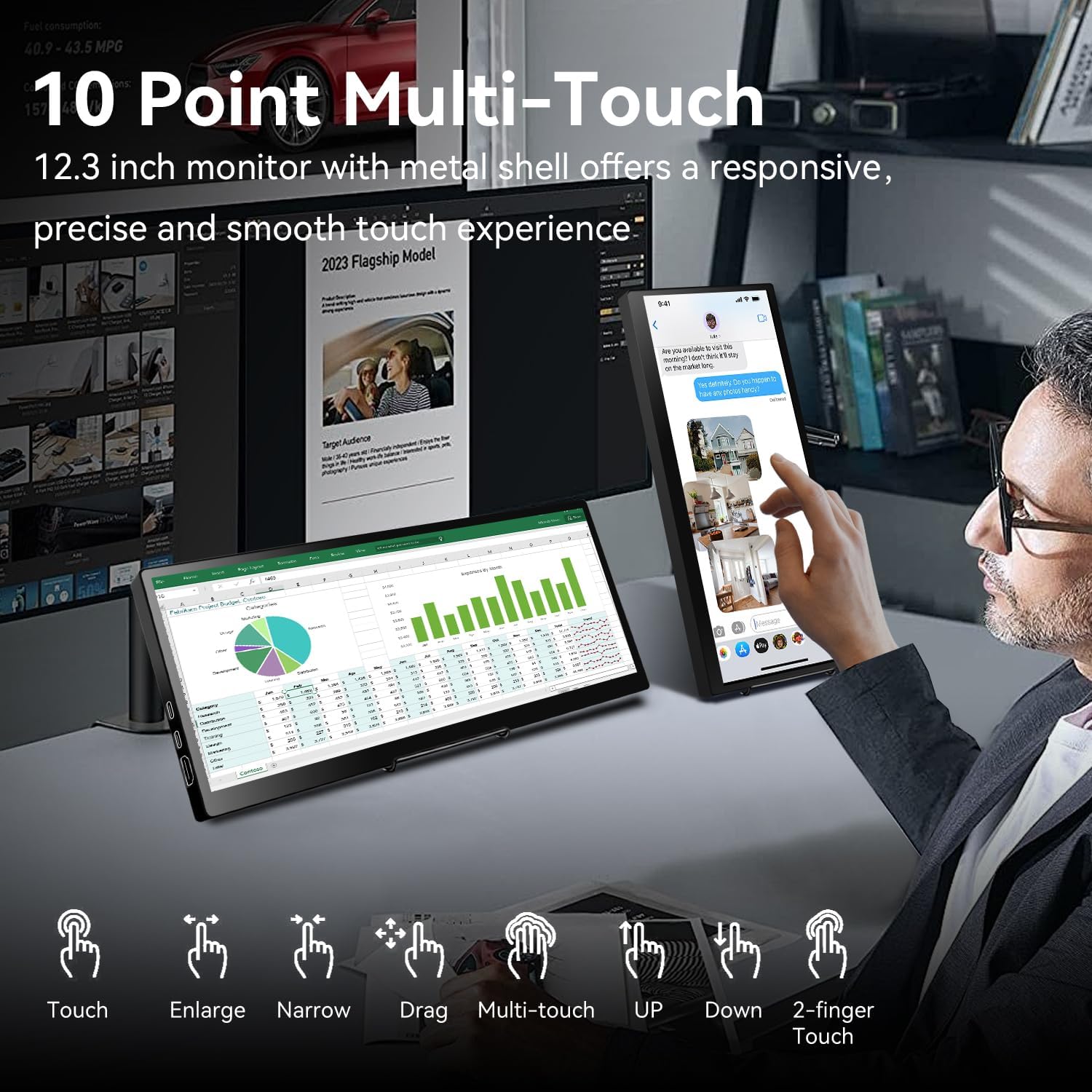 10.5 OLED Touchscreen Portable Monitor 2.5K 2560x1600, 100% NTSC, 54000:1 Contrast, Mini Second Touch Display with Protect Case  Speaker, USB-C, HDMI, Small Screen for Laptop Mini PC Phone, Silver
