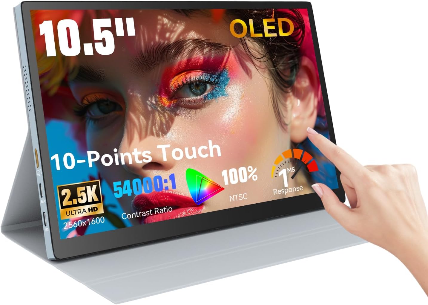 10.5 OLED Touchscreen Portable Monitor 2.5K 2560x1600, 100% NTSC, 54000:1 Contrast, Mini Second Touch Display with Protect Case  Speaker, USB-C, HDMI, Small Screen for Laptop Mini PC Phone, Silver