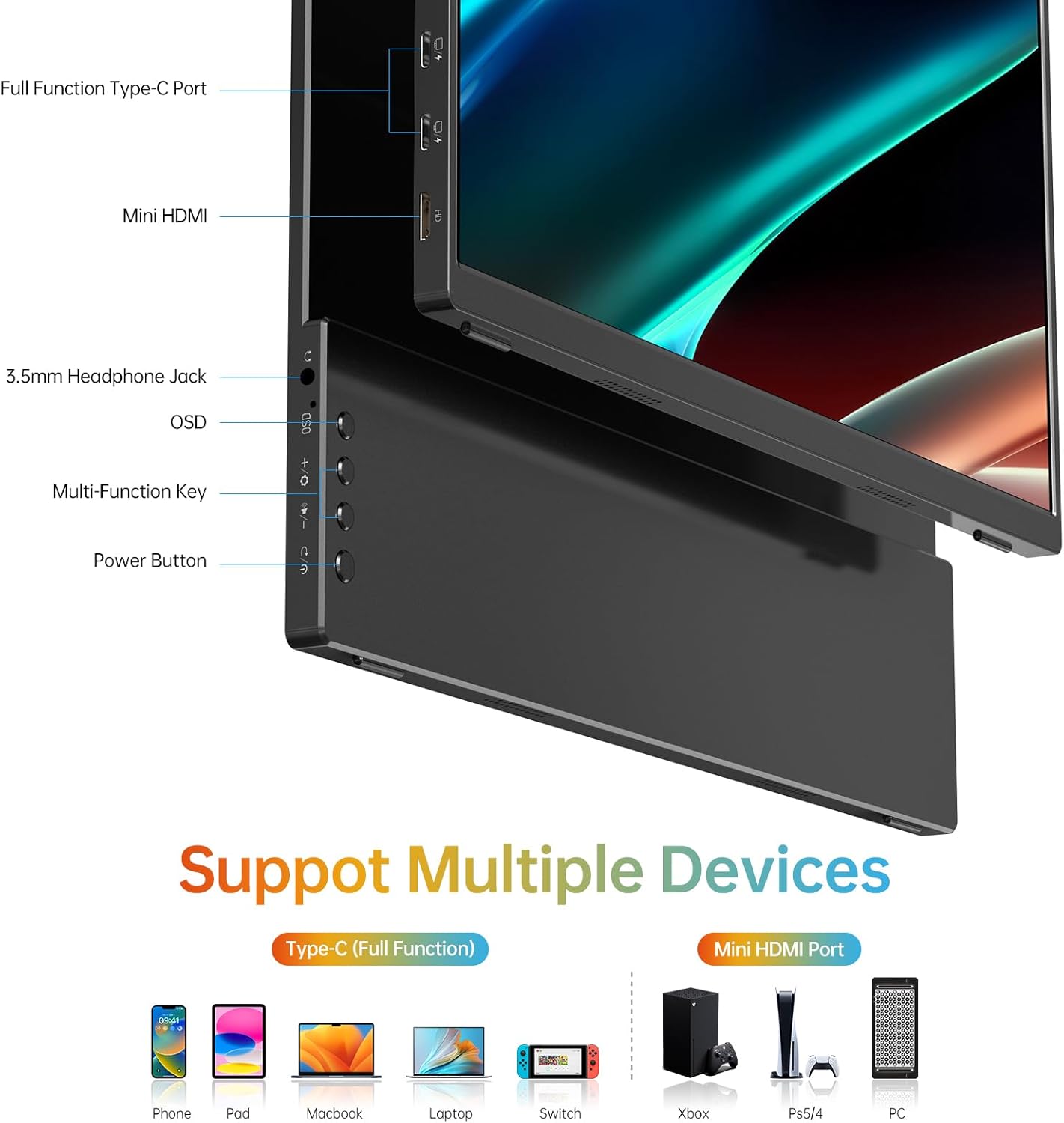 14 Inch Portable Monitor FHD1200P Ultra-Slim for Laptop Monitor, USB-CHDMI PlugPlay,100% SRGB,Dual Speakers Extender Display. with Smart Cover,for Laptop,PC Phone Xbox PS4/5