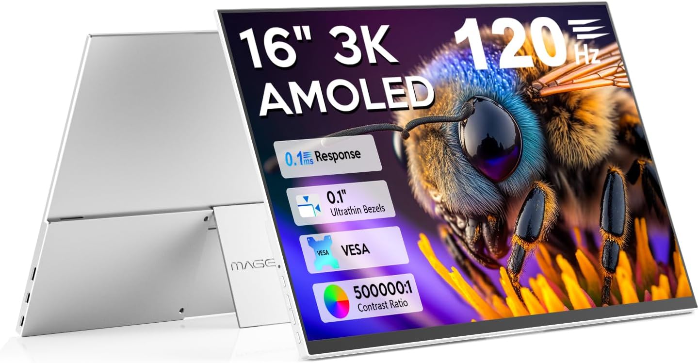 16 OLED Portable Monitor, 3K 2880x1800 120Hz 0.1ms USB-C HDMI OLED Monitor with Ultra-Thin Bezels 120% DCI-P3 Kickstand Speakers VESA for Laptop Mini PC Windows Mac Phone PS4 PS5 Switch, Silver