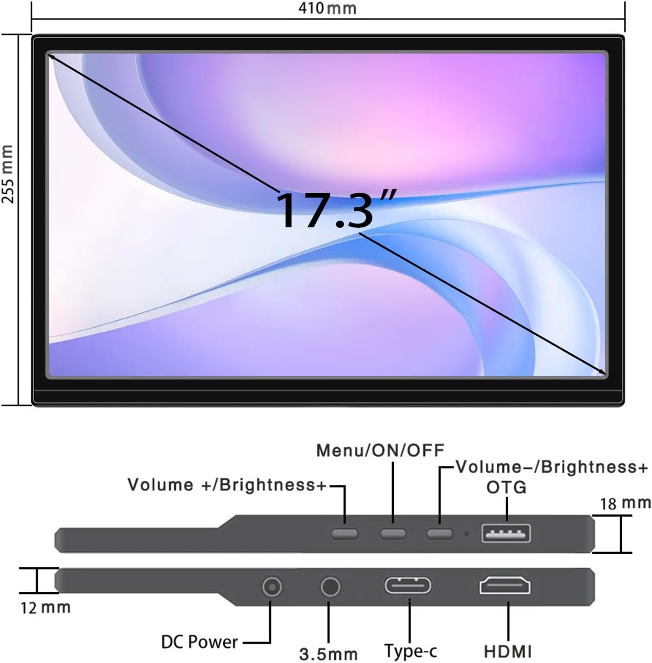 17.3-Inch Portable Monitor Full HD 1600x900 60HZ HDMI USB-C Laptop External Travel Display with Built in Speakers and Invisible Stand, Suitable for Mac/Laptop/Smartphones/PS4/5/Switch/Second Display