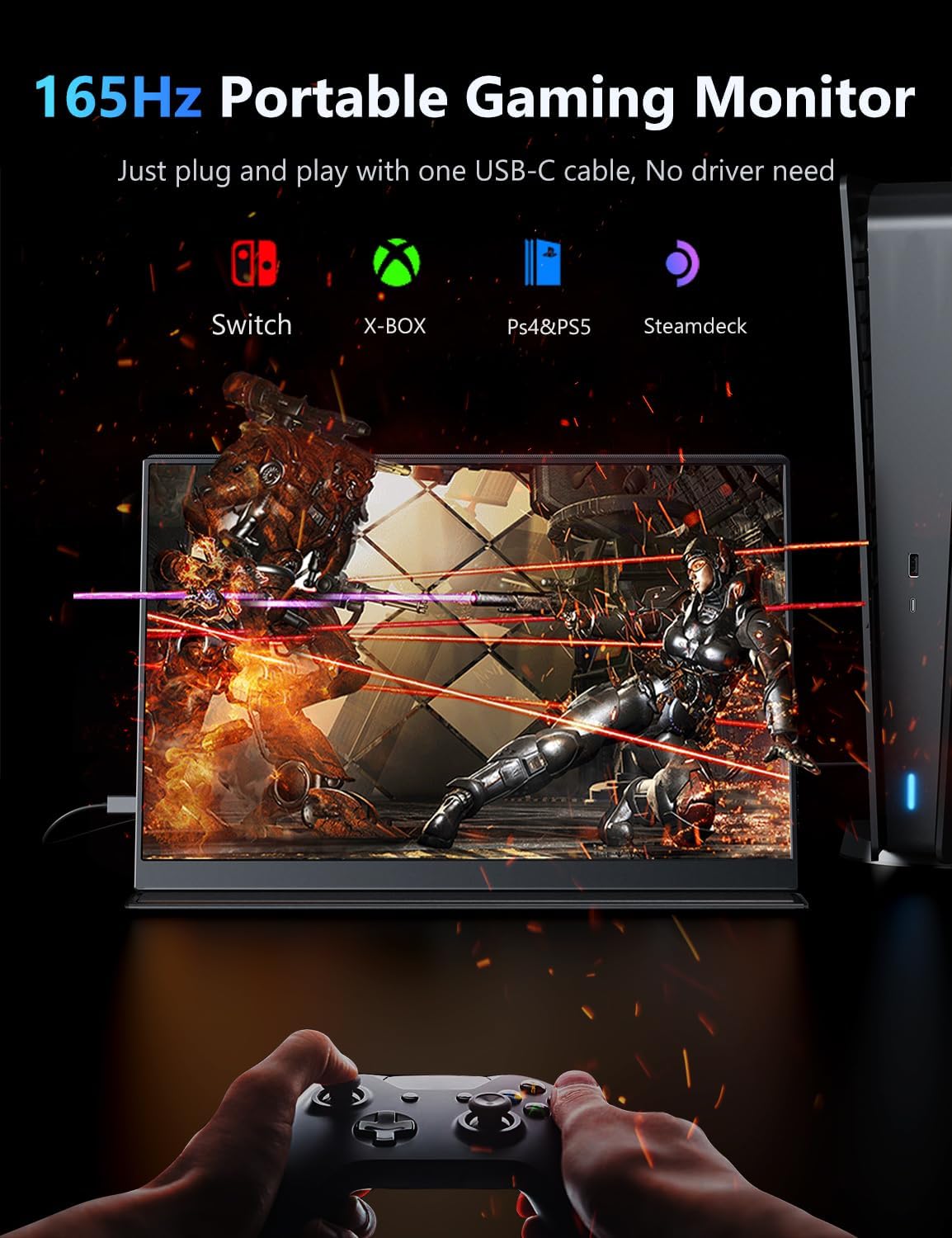 4K Portable Monitor, 14.5 IPS Laptop Screen, Slim Lightweight 1500:1 Dual USB C HDMI Gaming Display with Speakers, Travel Monitor for PC Phone PS5/4 Xbox Switch
