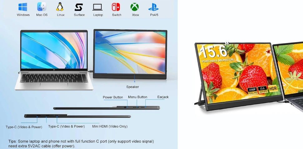 FHH Portable Monitor for Laptop, 15.6 1080P FHD Laptop Screen Extender Dual Monitor