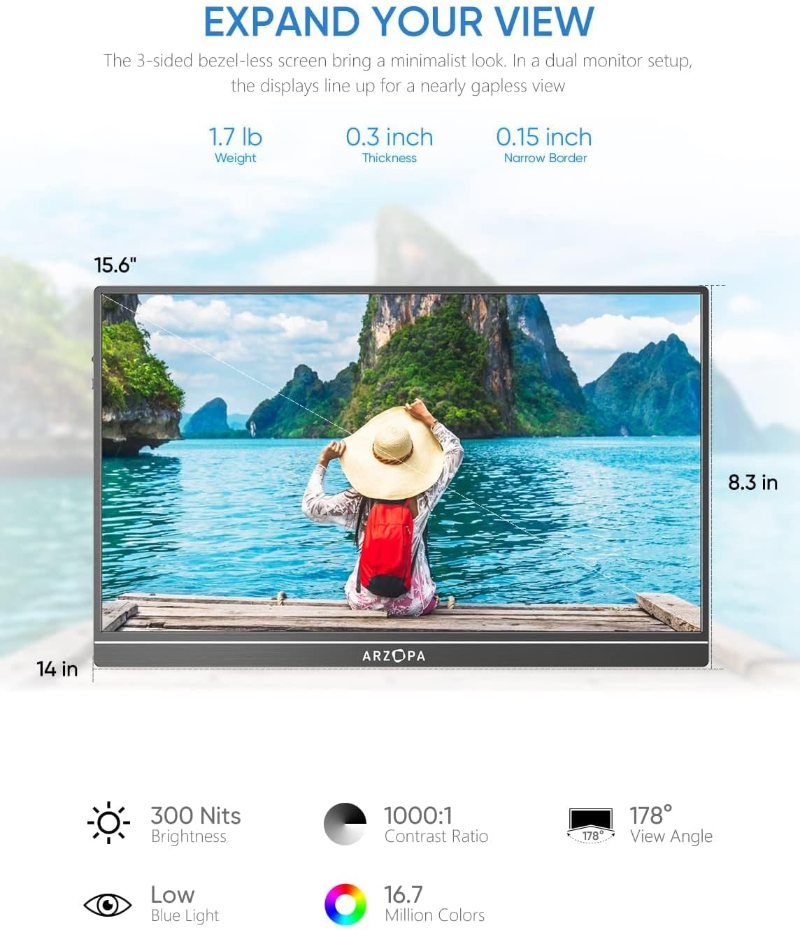 ARZOPA Portable Monitor 15.6 FHD 1080P - Ultra-Slim Portable Laptop Monitor with Kickstand - IPS Display for PC, MAC, Phone, Xbox, PS5 - USB C  HDMI Connectivity - A1