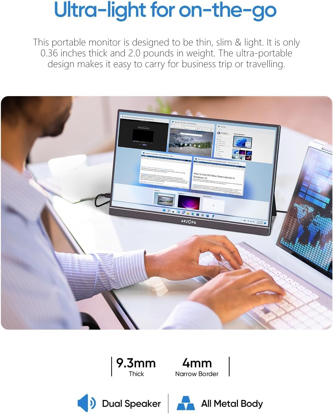 ARZOPA Portable Monitor Kickstand, 14.0 Ultra Slim Portable Laptop Monitor FHD 1080P External Display with Dual Speakers Second Screen for Laptop PC Phone Xbox PS4/5 Switch-A1S