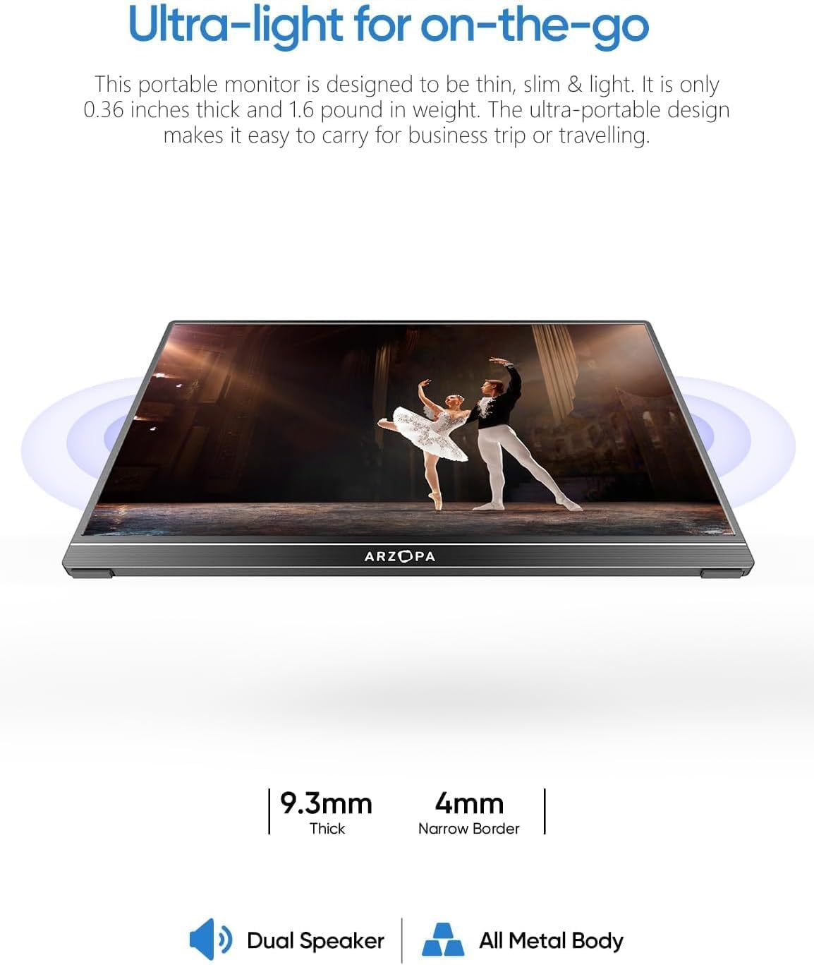 ARZOPA Portable Monitor Kickstand, 14.0 Ultra Slim Portable Laptop Monitor FHD 1080P External Display with Dual Speakers Second Screen for Laptop PC Phone Xbox PS4/5 Switch-A1S