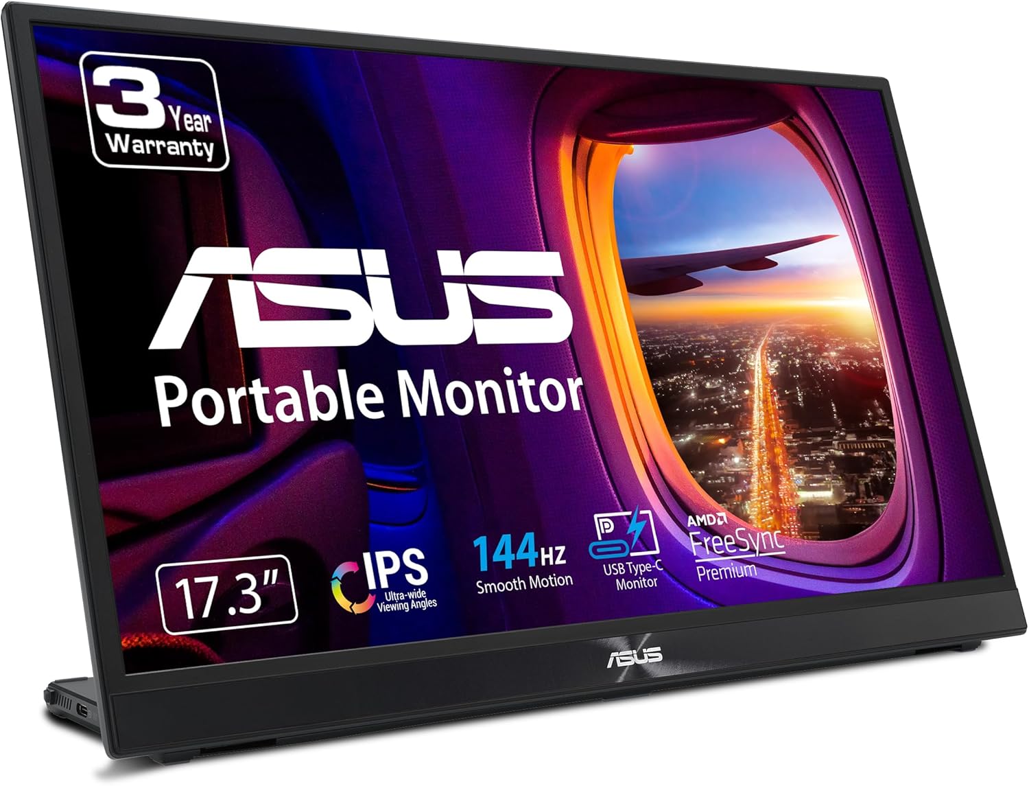 ASUS ZenScreen 17” 1080P Portable USB Monitor (MB17AHG) - Full HD, IPS, 144Hz, USB Type-C, FreeSync Premium, Eye Care, L-shaped kickstand, Tripod Mountable, HDMI, FSC Certified, 3-Year Warranty,BLACK