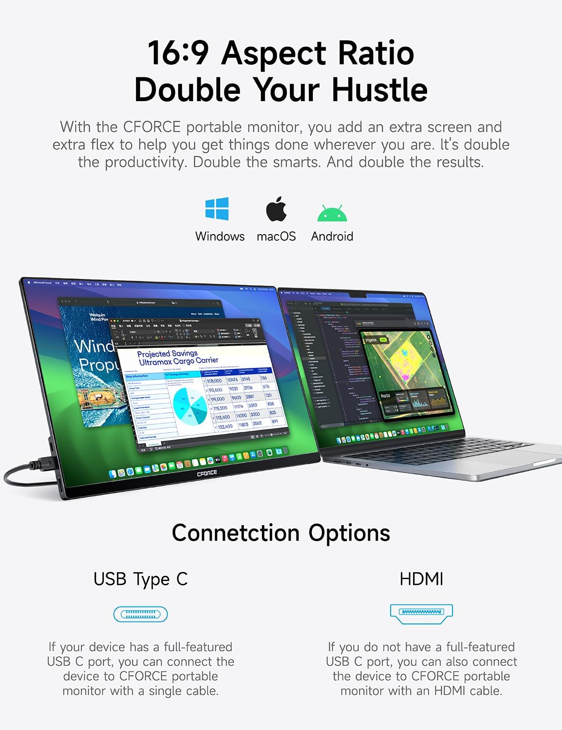 c-force Portable Monitor, 15.6 Ultra Slim Portable Laptop Monitor FHD 1080P External Display with Dual Speakers Second Screen for Laptop Mac PC Phone Xbox PS4 PS5 Switch