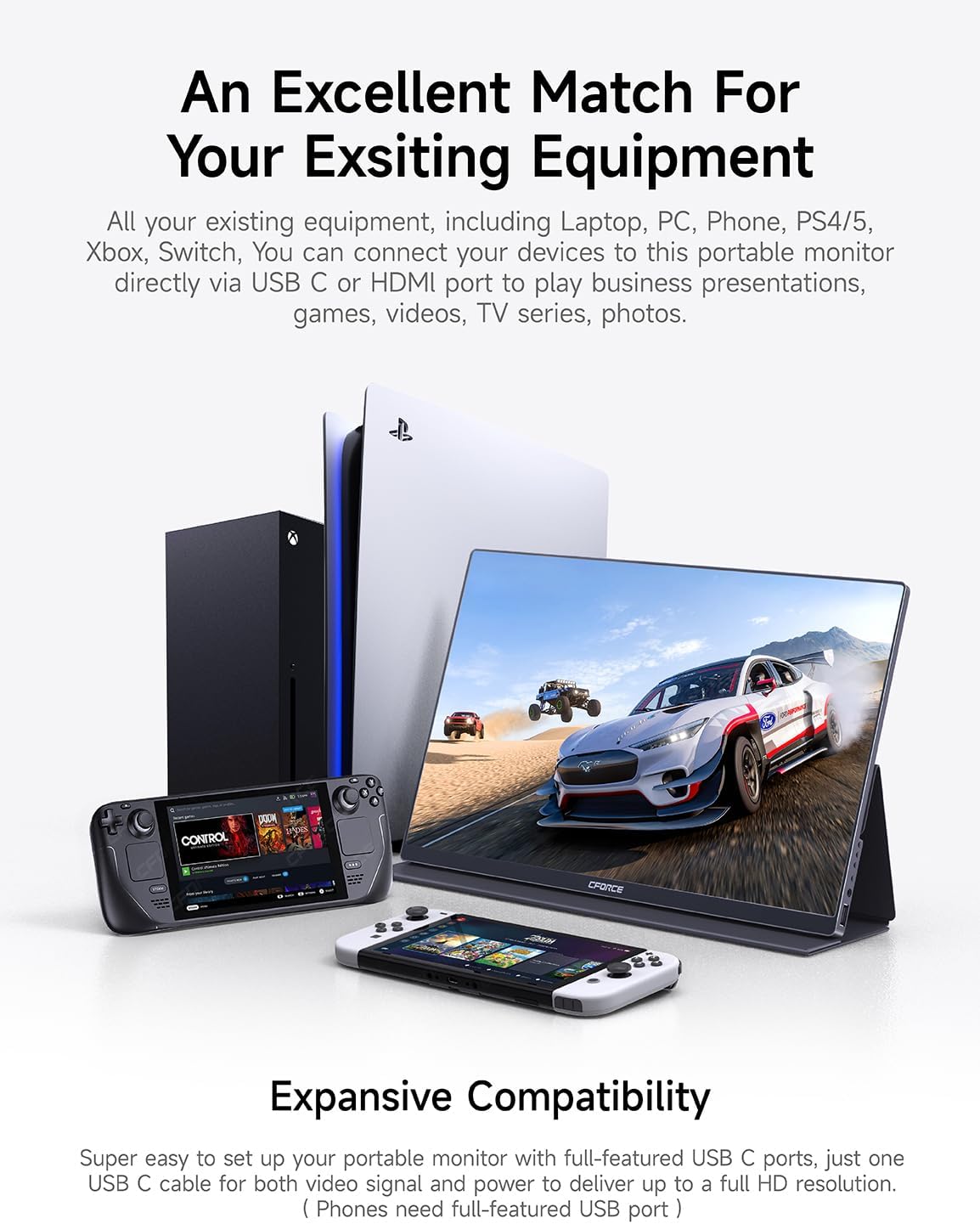 c-force Portable Monitor, 15.6 Ultra Slim Portable Laptop Monitor FHD 1080P External Display with Dual Speakers Second Screen for Laptop Mac PC Phone Xbox PS4 PS5 Switch