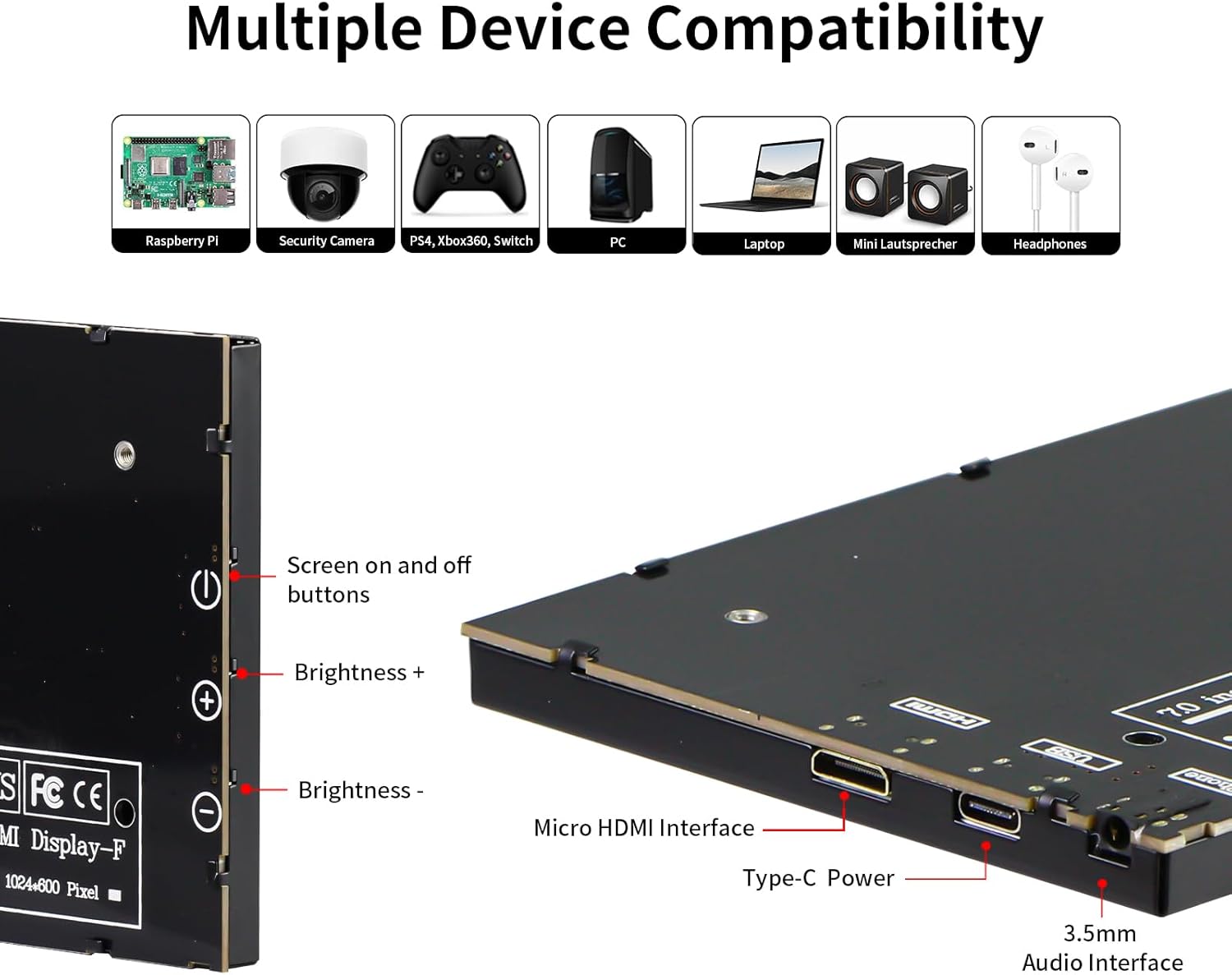 CUQI 7 Inch Mini Monitor, IPS 1024 × 600 HDMI Portable Monitor with Leather Stand for Raspberry Pi 5/4, Laptop, PC, Switch, Xbox, PS4