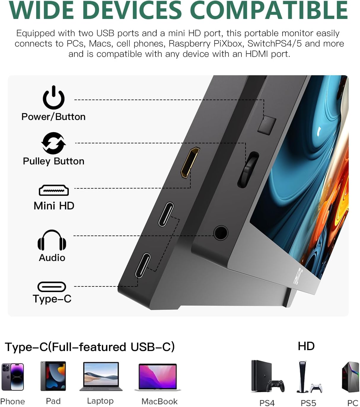 FMC 16 Inch Portable Gaming Monitor, 1600P 60Hz QHD Monitor with HDR, USB-C, HDMI, Compatible with Windows, MacBook, Phone, Switch, Xbox, PS4/5