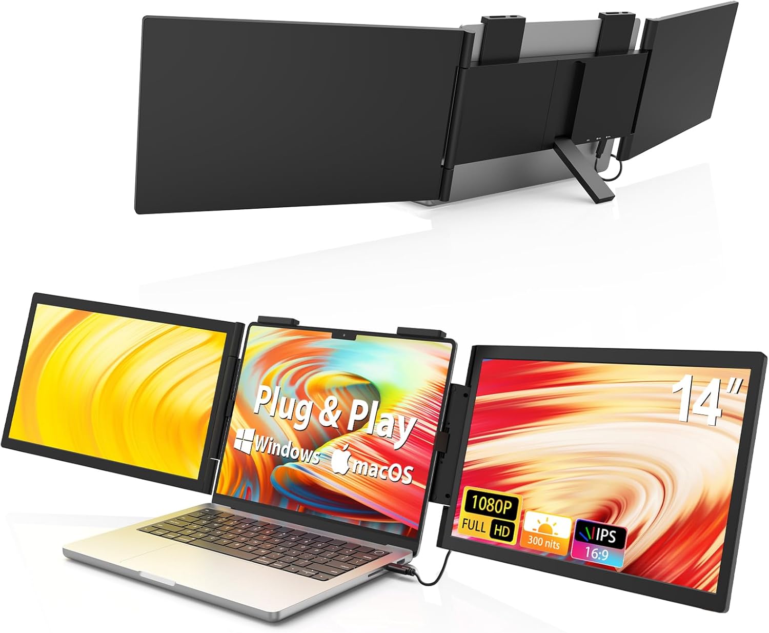 HotYeah Triple Laptop Screen Extender, 14 Dual Portable Extended Monitor (Windows  MacBook), Plug  Play, 1080P USB-C Travel Display w/Kickstand, Tri Screen Monitor for 14-16 Laptop