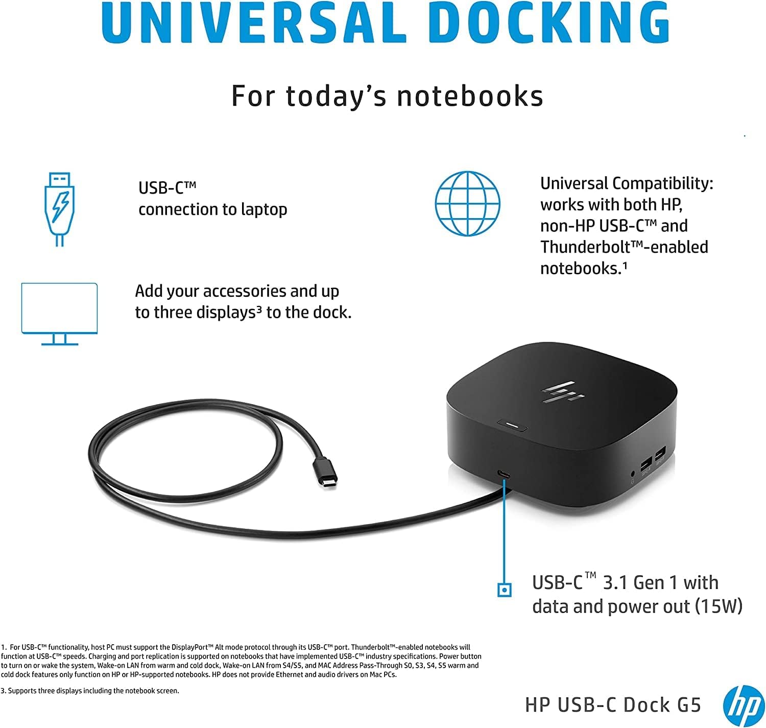 HP USB-C Essential Dock G5 Bundle with Docztorm USB Hub (8 in 1 Adapter for USB-C and Thunderbolt-Enabled Laptops, Notebooks and PCs - Single Cable for Charging, Networking, or Data Transfers), Black
