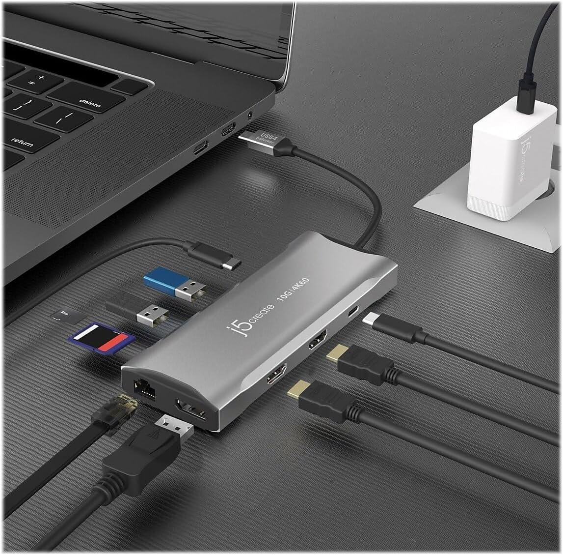 j5create USB C 4K Triple Display Hub - 4K HDMI x2, 4K DP, 2 USB-A and USB-C 10Gbps, PD 100W, Ethernet, SD 4.0 Card Reader | for XPS, Surface Pro (JCD397)