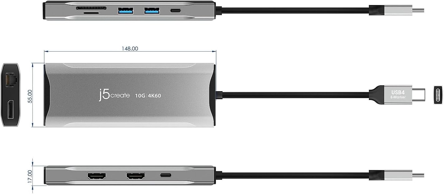 j5create USB C 4K Triple Display Hub - 4K HDMI x2, 4K DP, 2 USB-A and USB-C 10Gbps, PD 100W, Ethernet, SD 4.0 Card Reader | for XPS, Surface Pro (JCD397)
