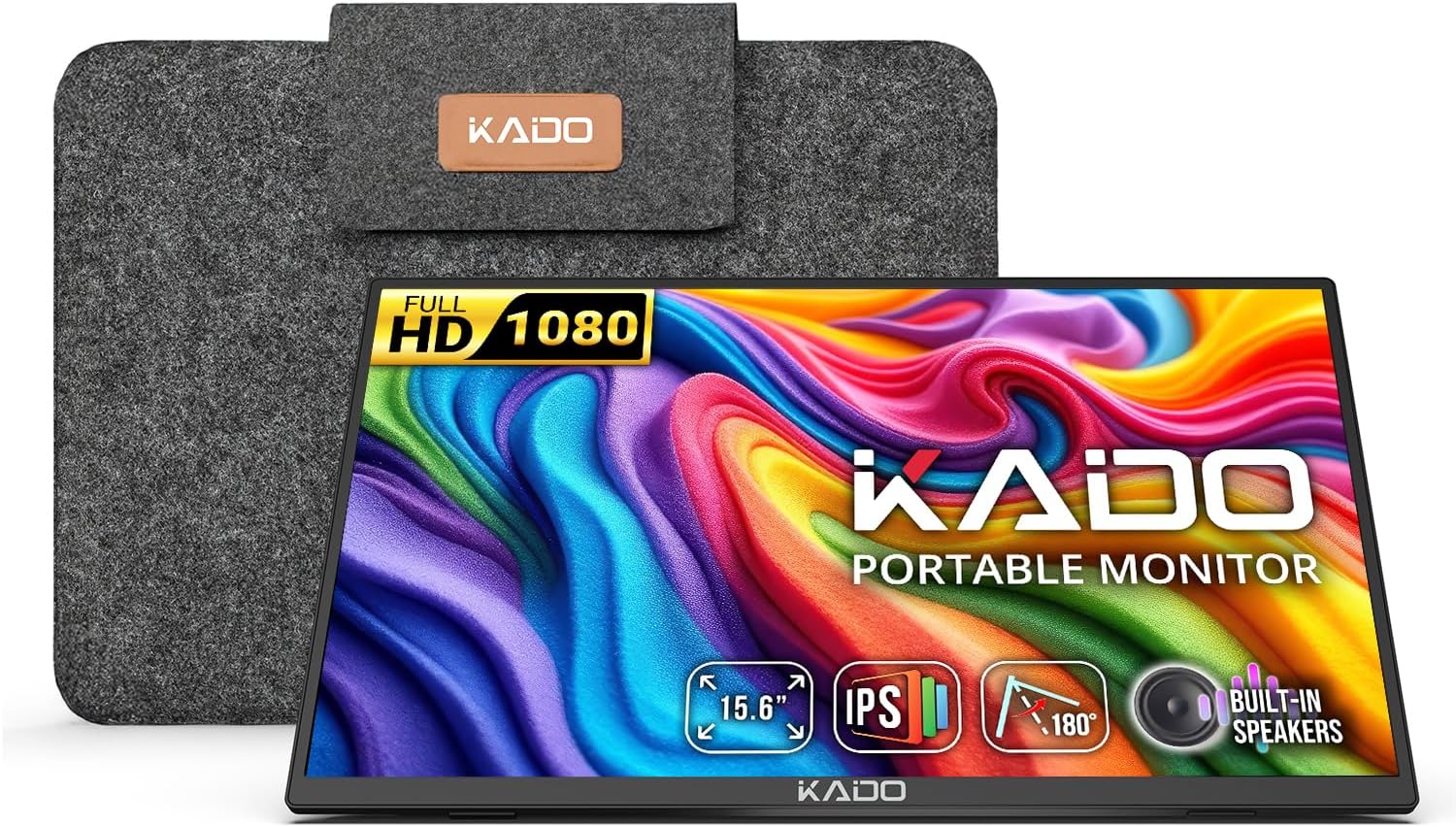 Kado 15.6 Full HD Portable Monitor, Second Display IPS 1920x1080 HDMI USB Type-C Laptop Screen Extender, 180° Kickstand Carrying Case, Wall/Arm Mount for PC, Mac, Phone, Dex, Tablet, Xbox and PS4/PS5