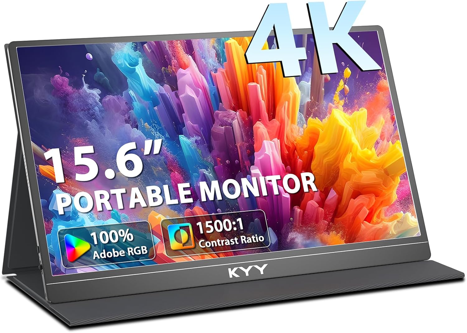 KYY 4K Portable Monitor 15.6 3840x2160 UHD USB-C Screen, 100% Adobe RGB, 400cd/㎡, IPS Computer Gaming Display HDR Travel Monitor w/Speakers  Smart Cover for Laptop Xbox PS5 Switch PC Phone