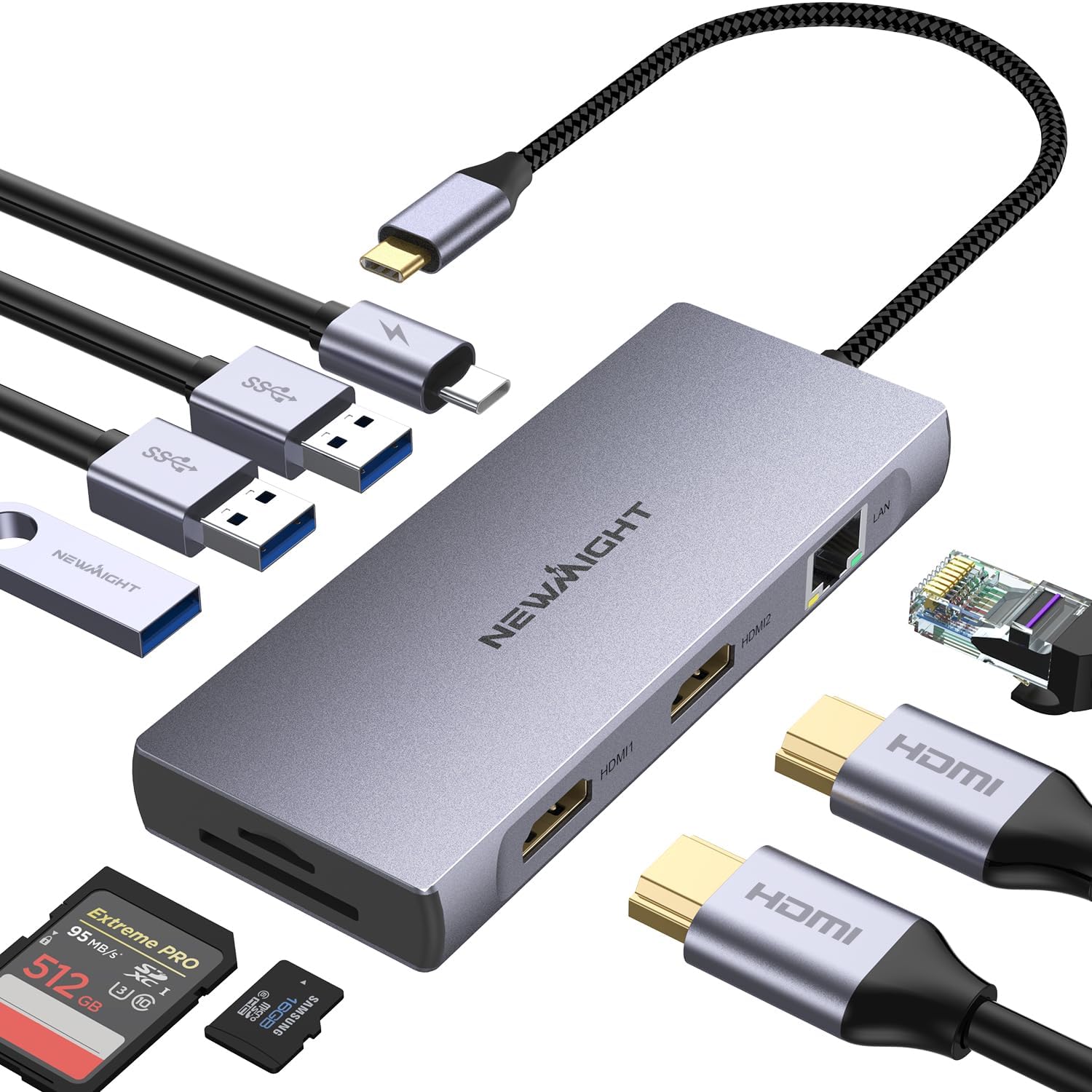Laptop Docking Station Dual Monitor, Newmight Dual HDMI Adapter for 2 Monitors with 2 HDMI 4K, 1 Gbps Ethernet, PD 100W Charging, 3 USB 3.0, SD/TF Reader, USB C Docking Station for MacBook, Dell
