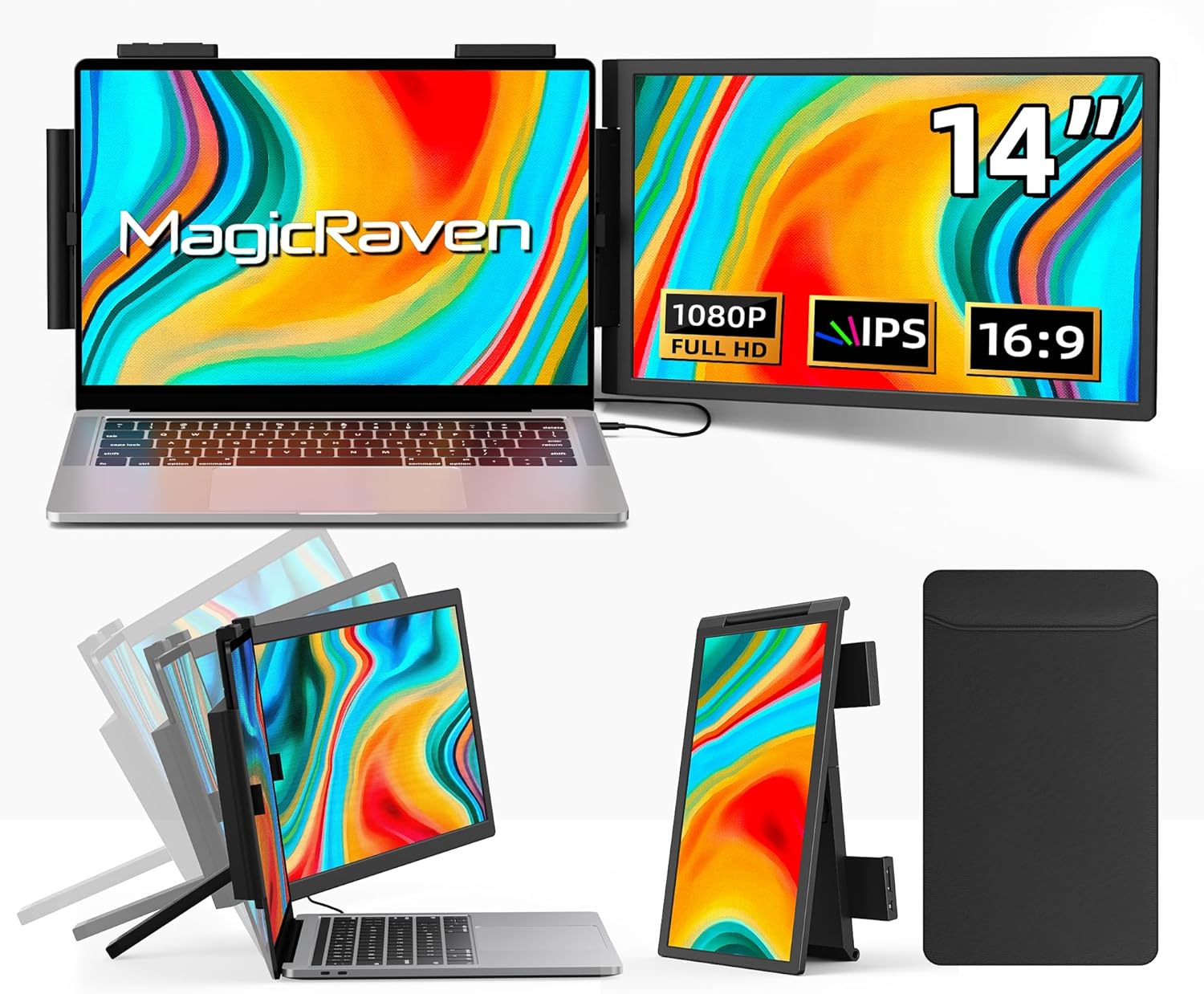 Laptop Screen Extender, 14 1080P IPS Portable Monitor Travel Monitor for 14-16.5 Laptops with USB-C/HDMI Port, Plug and Play Attachment Screen for Windows/Mac/Android/Switch/PS5/Xbox