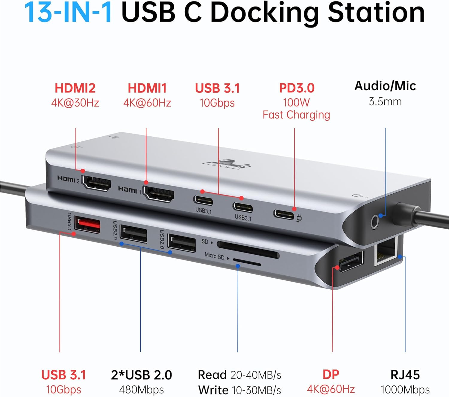 LIONWEI 11 in 1 USB C Laptop Docking Station Dual Monitor, Dual 4K HDMI+VGA, 3 * 10Gbps USB 3.1, PD, Ethernet, Audio/Mic, USB C Hub for Dell/Surface/HP/Lenovo Laptops