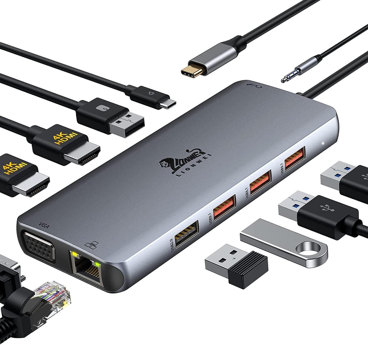 LIONWEI USB C Docking Station Dual Monitor, 11-in-1 to 4K HDMI,VGA,Gigabit Ethernet,3 USB 3.1 10G,2 USB 2.0,87W PD,Audio for Dell/Surface/HP/Lenovo Laptops