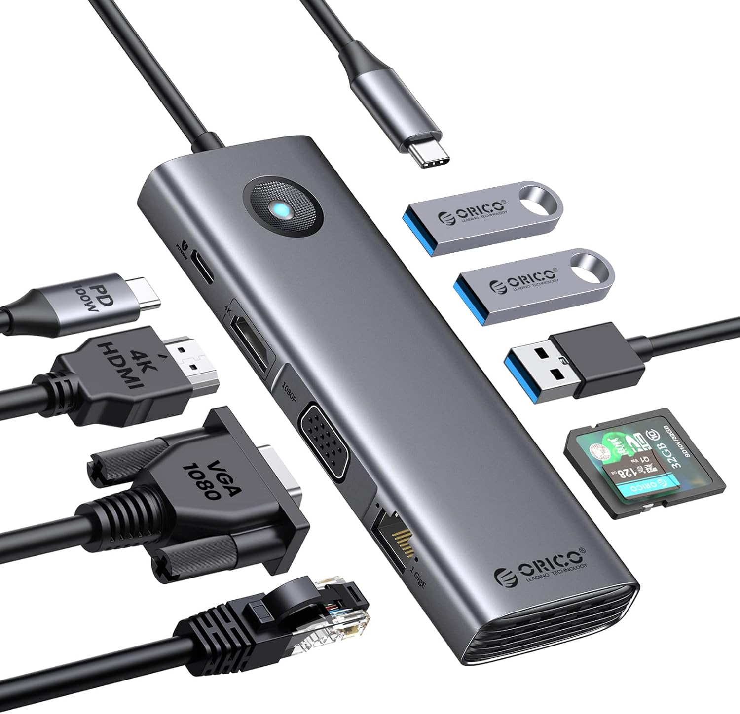 ORICO USB C Docking Station,9 in 1 USB C Dock with 1000Mbps with HDMI 4K+PD100W+3*USB3.0+Ethernet+SD/TF+VGA,USB C Multiport Adapter for MacBook/Dell/HP/Surface/Lenovo Grey