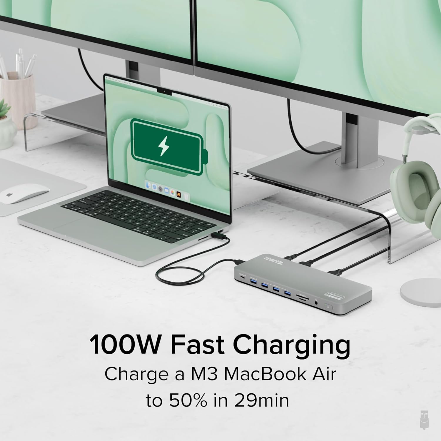 Plugable USB C Laptop Docking Station, Dual Monitor 4K 60Hz for Apple Mac M1/M2/M3/M4, 2X HDMI or 2X DisplayPort, 100W Charging DisplayLink Dock, 2 Displays for MacBook, Driver Required (UD-6950PDH)