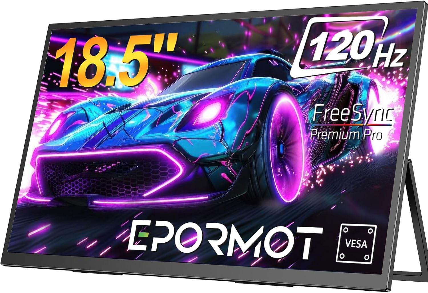 Portable Monitor 18.5 inch 120hz for Laptop, FHD 1080P Portable Gaming Monitor w/VESA Kickstand HDR Speakers USB C Mini HDMI for Phones PC Gaming Devices, Travel Second Screen for Business