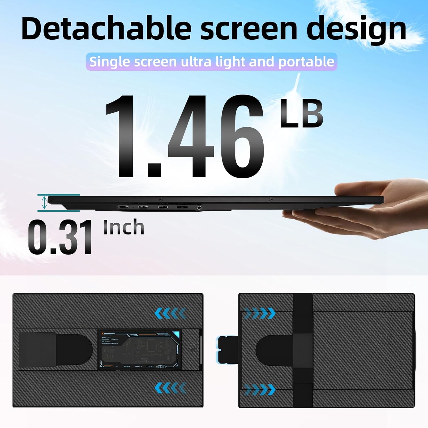 Portable Monitor Laptop Screen Extender - 16 1200P FHD Travel External Display USB-C HDMI Port Detachable Kickstand Gaming Monitor Compatible with Wins Mac Chrome Dex Phone