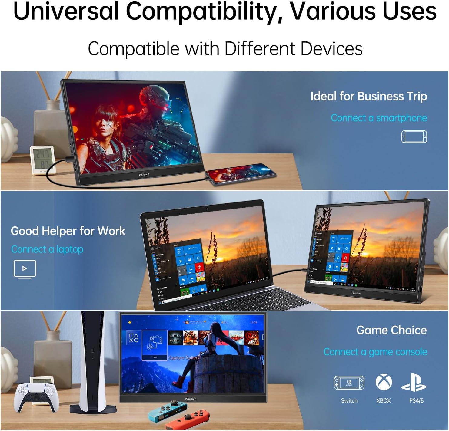 Portable Touchscreen Monitor, 14 Inch FHD 1080P IPS Display, 300cd/m, HDMI USB Type-C Touch Screen External Monitor for PC Phones Xbox Ras Pi, Built-in Kickstand  Speakers