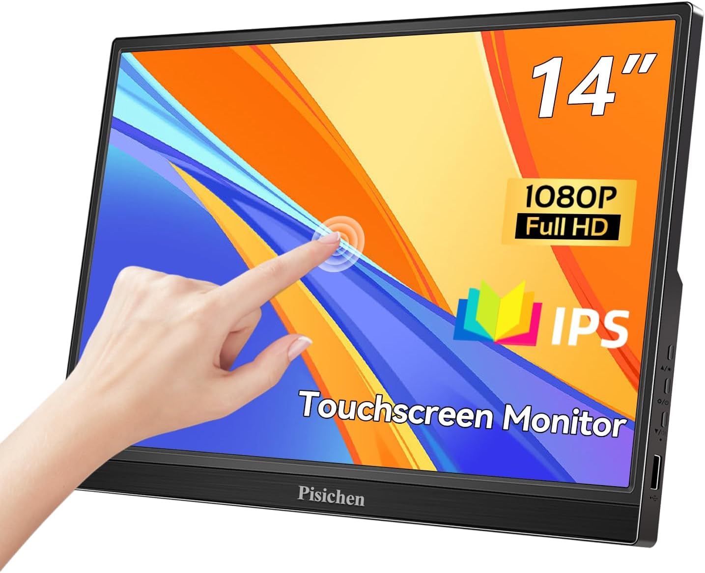 Portable Touchscreen Monitor, 14 Inch FHD 1080P IPS Display, 300cd/m, HDMI USB Type-C Touch Screen External Monitor for PC Phones Xbox Ras Pi, Built-in Kickstand  Speakers