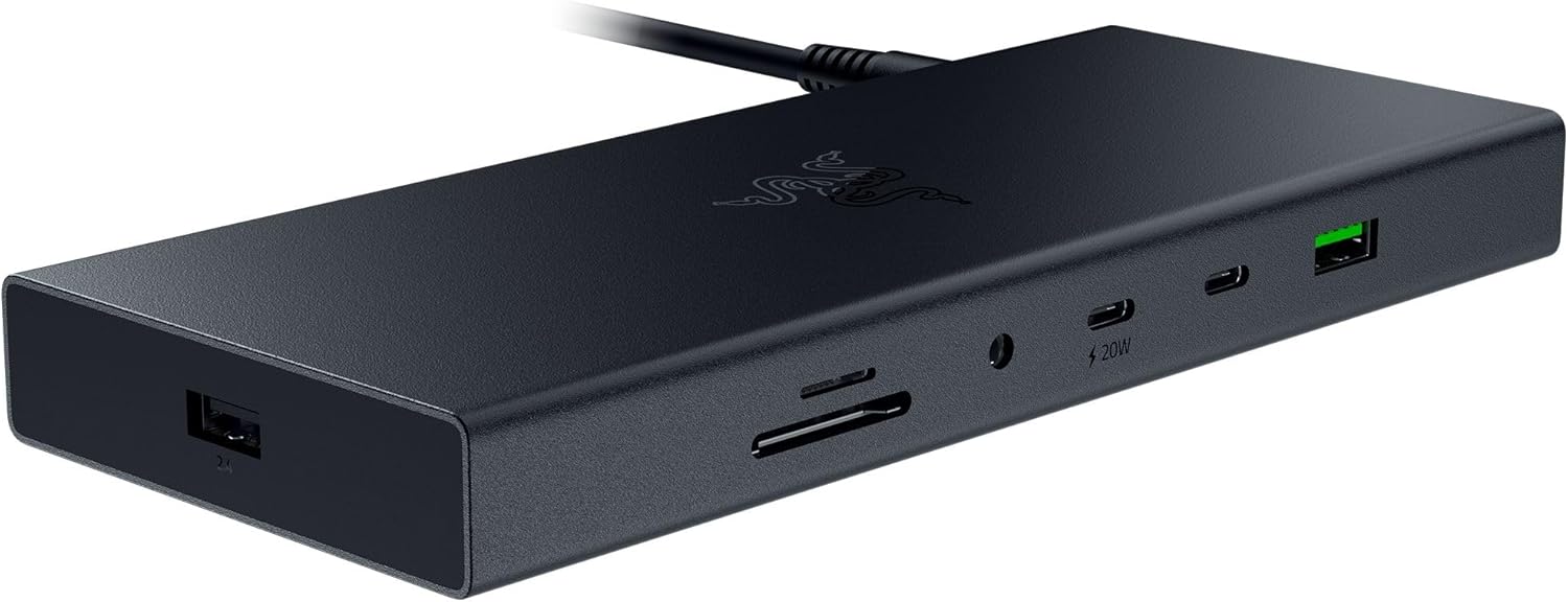 Razer USB 4 Dock: 14 Ports (Type C, Type A, HDMI, DP, Ethernet, SD, 3.5mm) - Dual Monitor Up to 4K 120 Hz - Laptop  Phone Fast Charge - Durable Lightweight Casing - Windows  Mac Compatible - Black