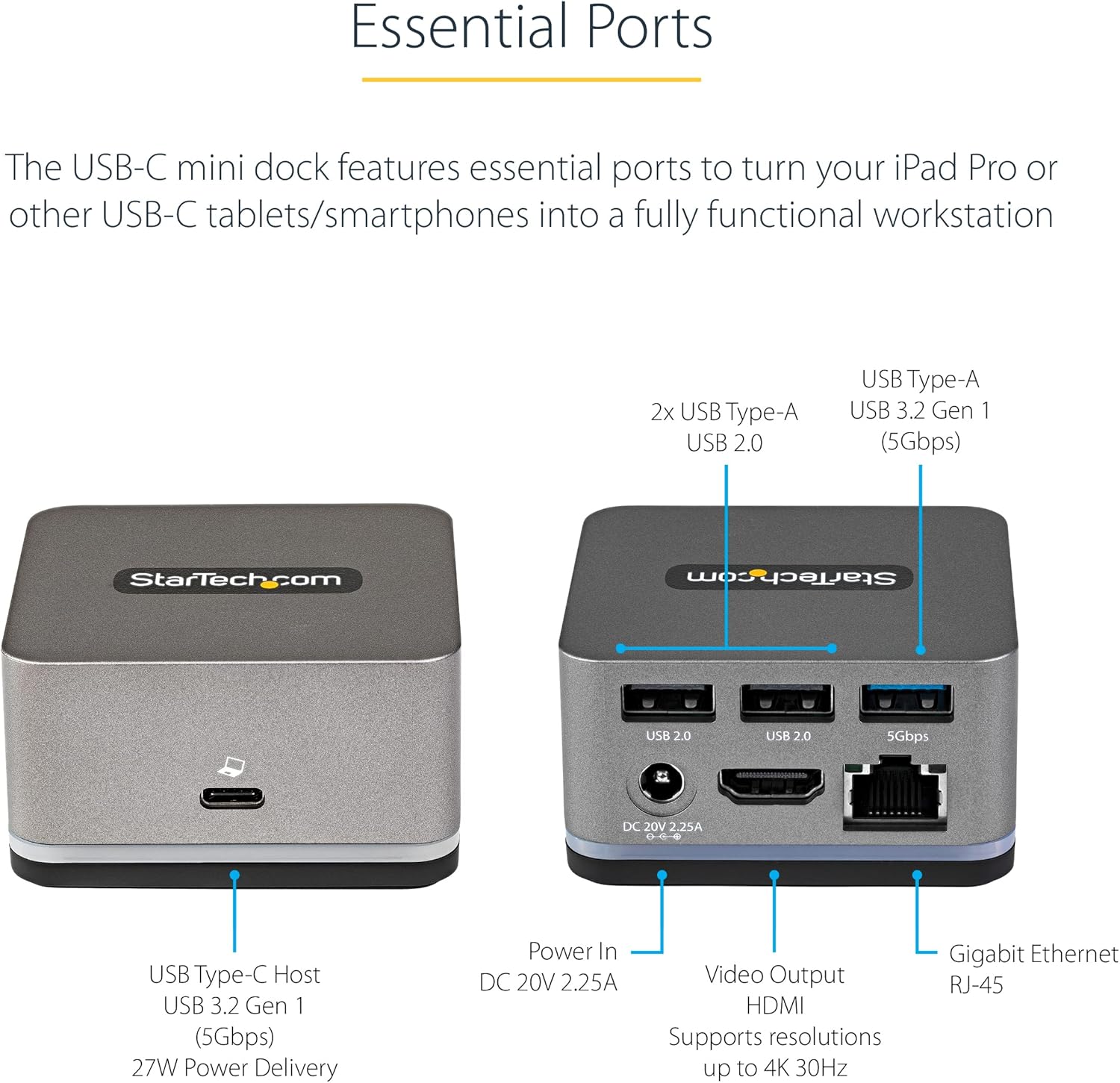 StarTech.com USB C Mini Dock for Chromebooks, iPad Pro, Android Tablets  Smartphones, USB-C Docking Station w/ 4K 30Hz HDMI, 27W Power Delivery Charging, 3-Port USB Hub, Gigabit Ethernet, TAA