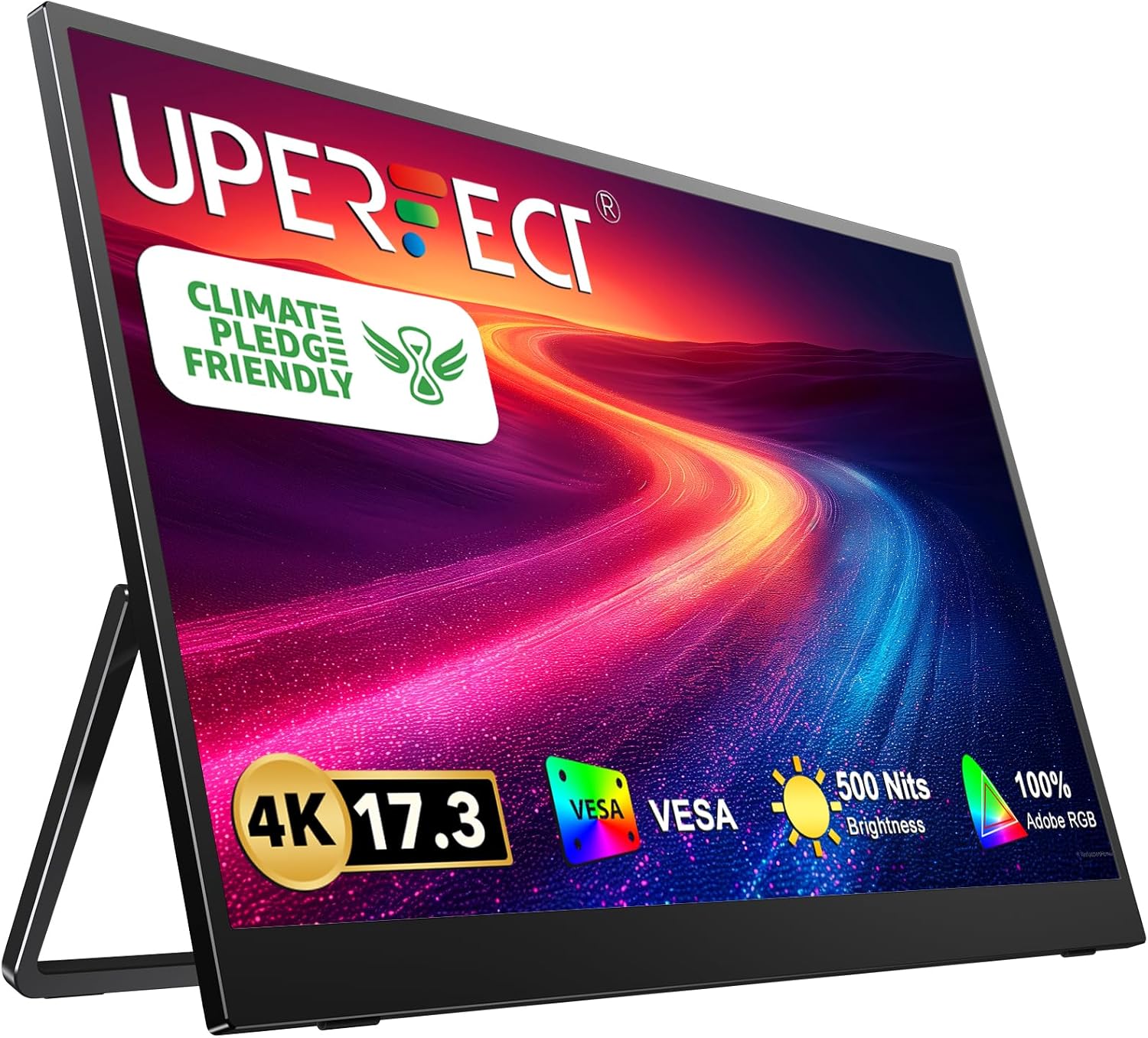 UPERFECT 17.3 4K Portable Monitor, 500 Nits 100% AdobeRGB UHD FreeSync HDR IPS 2 Speakers Eye Care Travel Monitor, 2 Fully Functional Type-C Port  HDMI for Laptop PC Phone, VESA  Kickstand