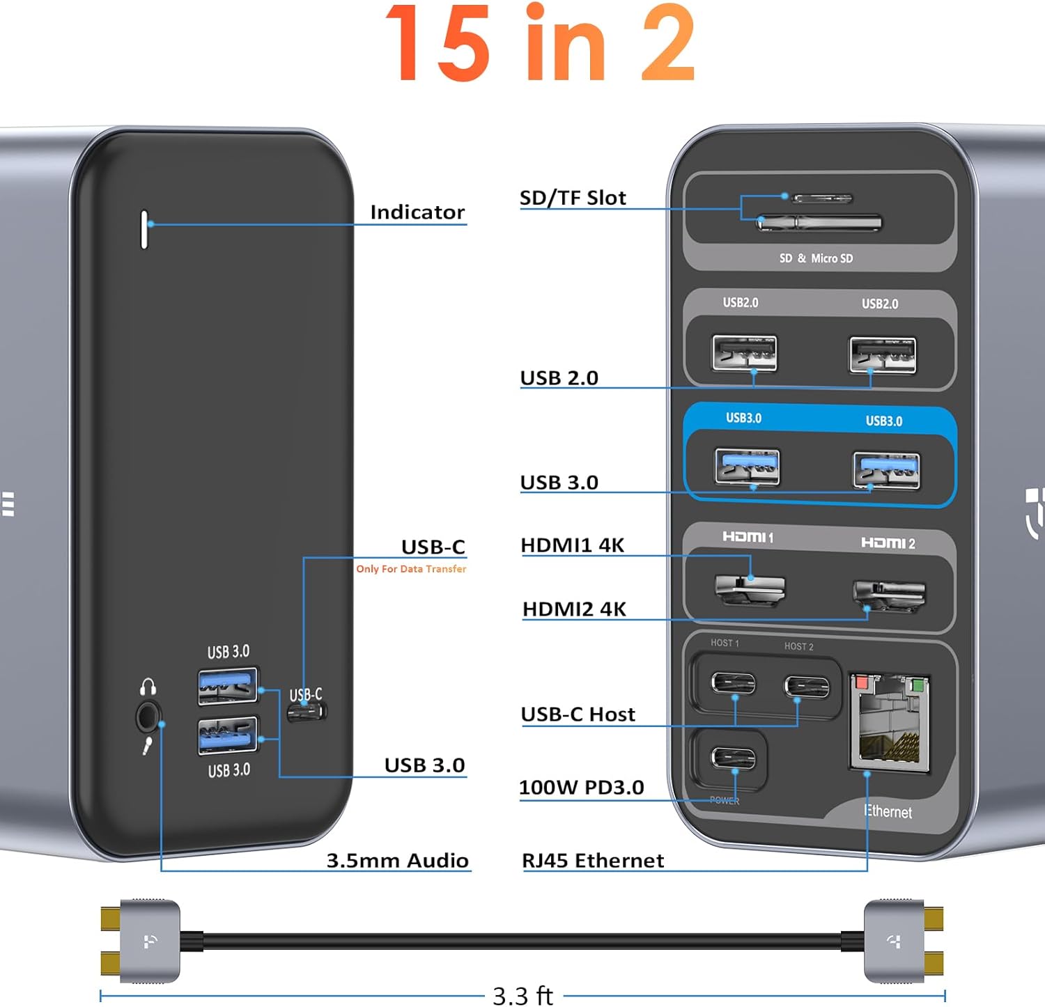 USB C Docking Station Dual Monitor for MacBook Pro, 15 in 2 USB C Laptop Docking Station Dual Monitor HDMI for MacBook Pro/Air with 2 4K HDMI Display, 6 USB A,USB C, SDMicro SD,LAN, 87W PD 3.0
