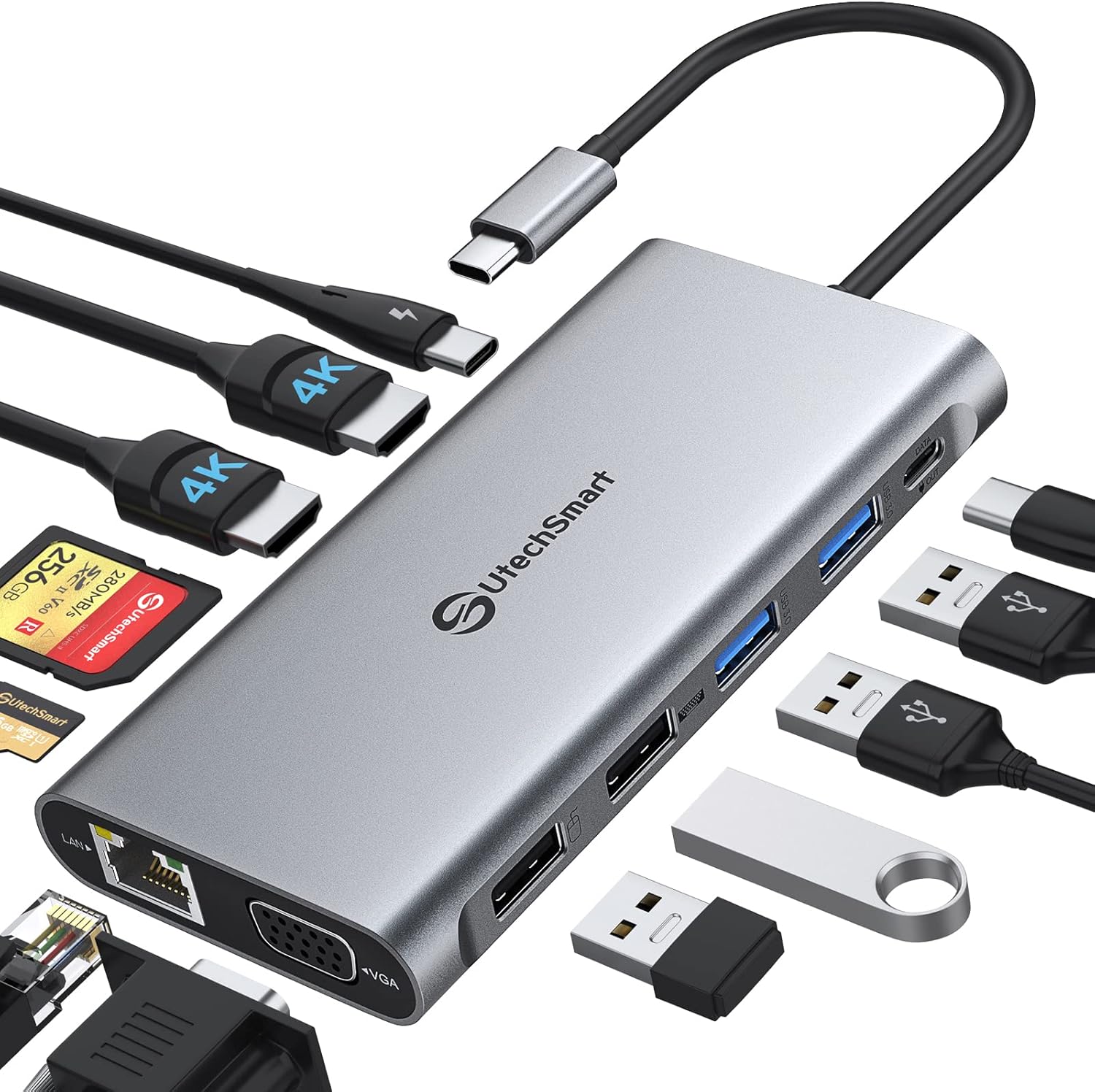 UtechSmart USB C Docking Station Triple Monitor - Universal Laptop Docking Station 12 in 1 for Thunderbolt 3/4, USB C Dock with USB 3.0 and 4K HDMI for MacBook Pro/Air/M1/M2  Windows Gray