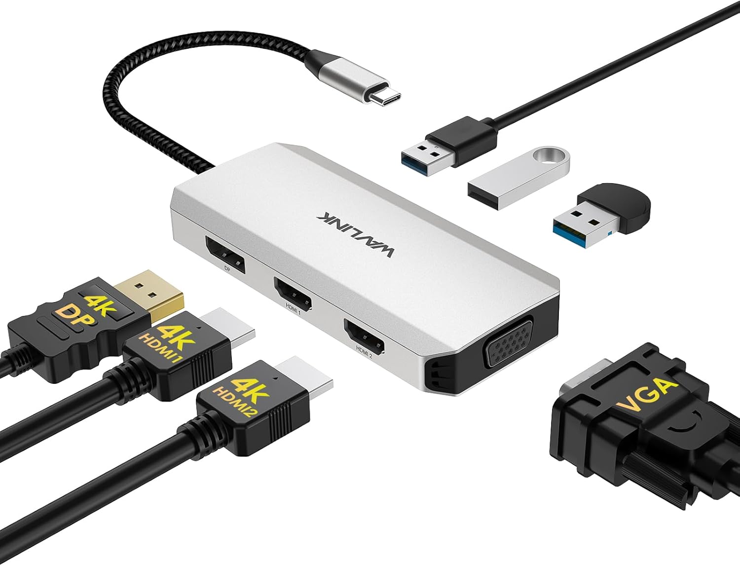 WAVLINK USB-C Docking Station for MacBook, Dell XPS, Lenovo Yoga, HP Laptops - Dual HDMI, DisplayPort, VGA, 3 USB 2.0 Ports, Black