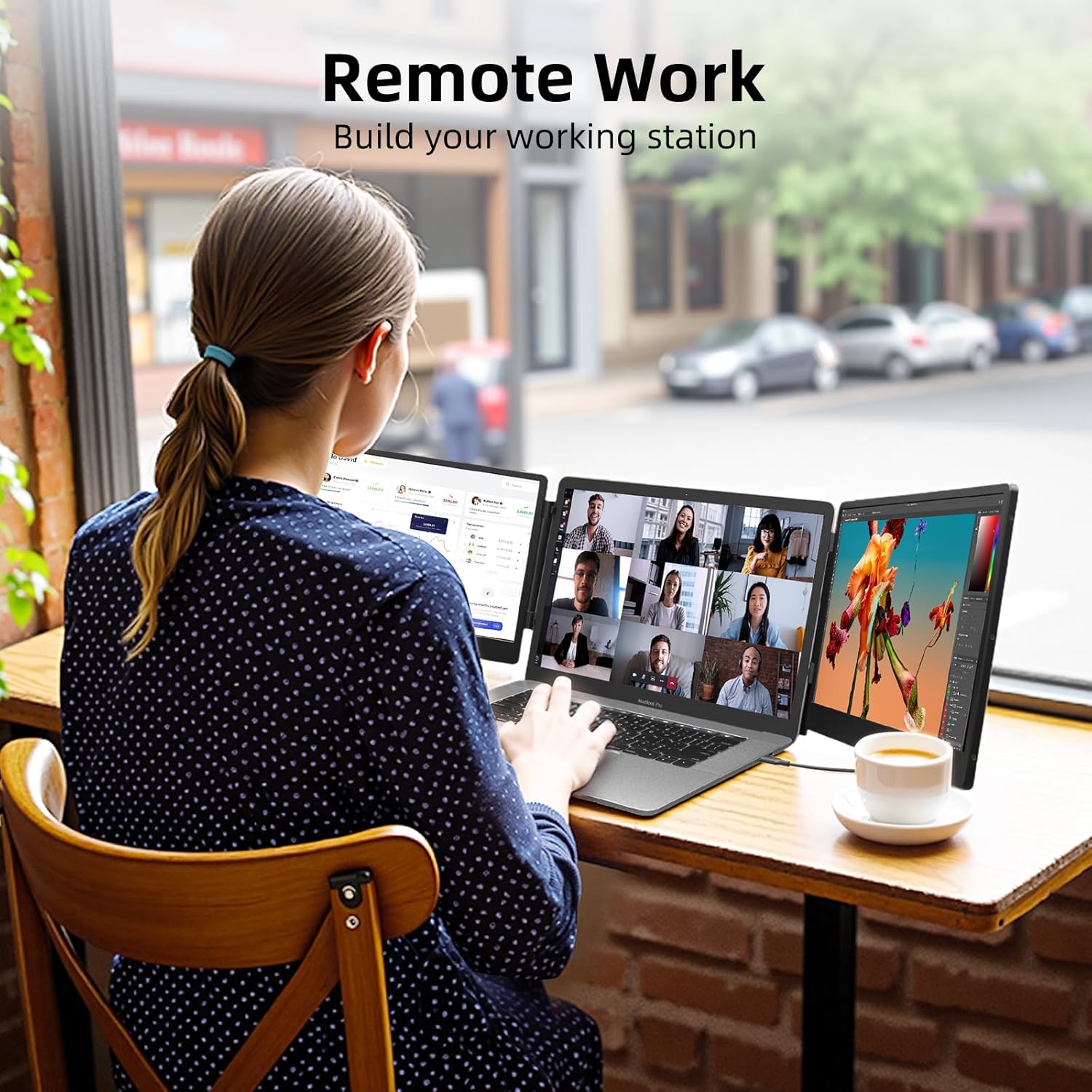 ZUMWALT Laptop Screen Extender, 14 Triple Portable Monitor for Laptop, 1080P FHD Screen Extender Monitors for 13-16.5 Laptop, Monitor Extender for MacOS/Windows/Chrome (Built-in Speakers)
