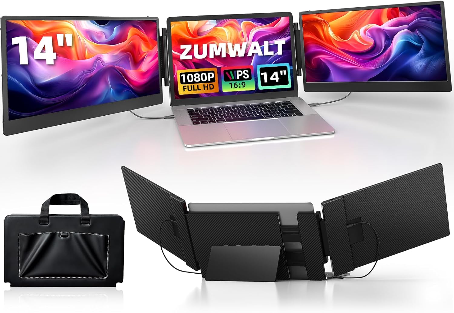 ZUMWALT Laptop Screen Extender, 14 Triple Portable Monitor for Laptop, 1080P FHD Screen Extender Monitors for 13-16.5 Laptop, Monitor Extender for MacOS/Windows/Chrome (Built-in Speakers)