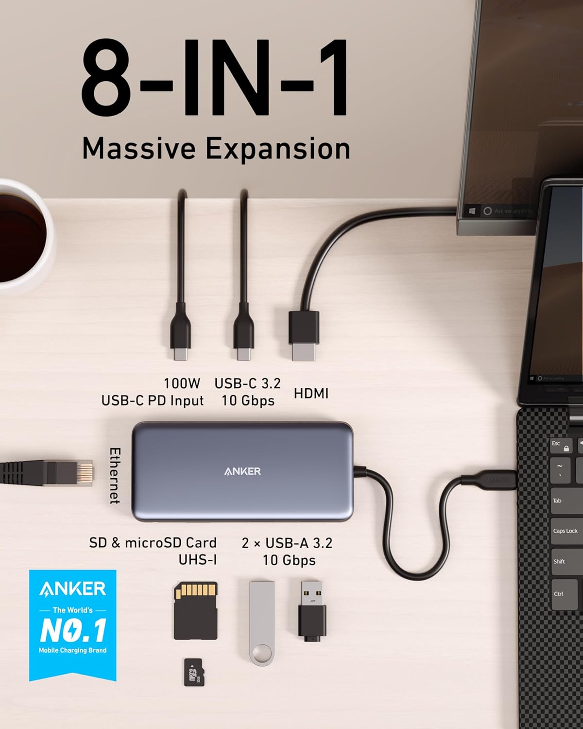Anker 555 USB-C Hub (8-in-1), with 100W Power Delivery, 4K 60Hz HDMI Port, 10Gbps USB C and 2 A Data Ports, Ethernet microSD SD Card Reader, for MacBook Pro More