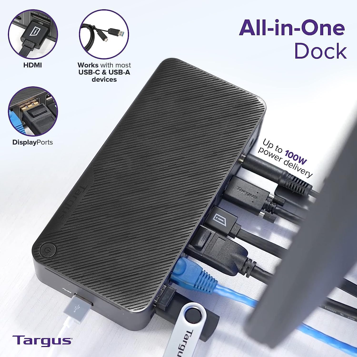 HP USB-C Universal Docking Station Bundle with Docztorm Hub (1 SuperSpeed USB Type-C; 3 USB Type-A; 1 Audio Jack; 2 DisplayPort; 2 HDMI; 1 RJ-45; 1 SuperSpeed USB Type-A for Charging) Made by Targus