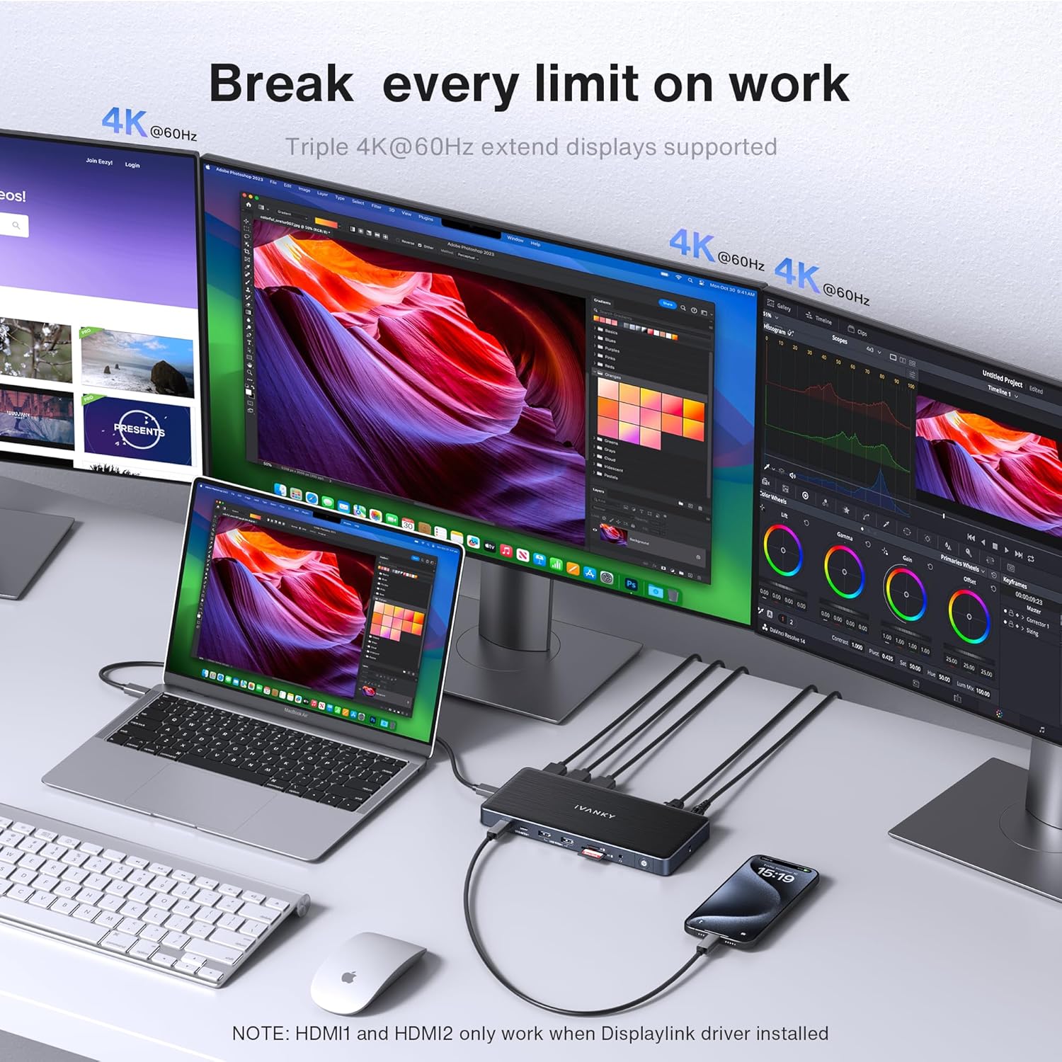 iVANKY 14-in-1 FusionDock Pro 1+ for M1/ M2/ M3/M4 MacBook DisplayLink Docking Station with 180W Power Adapter, Triple 4K@60Hz Monitor Mac mini Air Dock 3HDMI 2.0, 96W PD, 10Gbps, 2.5GbE, SD/TF 4.0