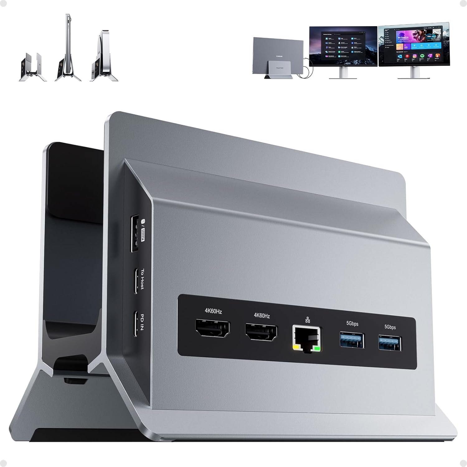 Laptop Docking Station Dual Monitor, 11 in 1 Vertical USB C Dock Stand with 2 HDMI 4K 60Hz, 3 USB A/C 10Gbps, 2 USBA 5Gbps, USB-A 2.0, Ethernet, PD 3.0 Docking Station for Type-C Laptops