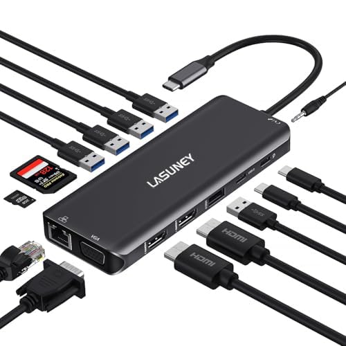 LASUNEY USB C Laptop Docking Station, 14 in 1 Type C Hub Multiport Adapter Dongle, Dual HDMI, VGA, PD, Ethernet, SD/TF, USB C/A Ports, Mic/Audio, Compatible for Dell/Surface/HP/Lenovo Laptops (Black)